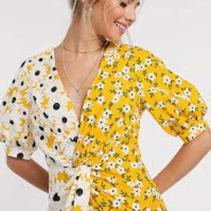 ASOS DESIGN cotton poplin twist mini dress w/ puff sleeves in mixed daisy floral